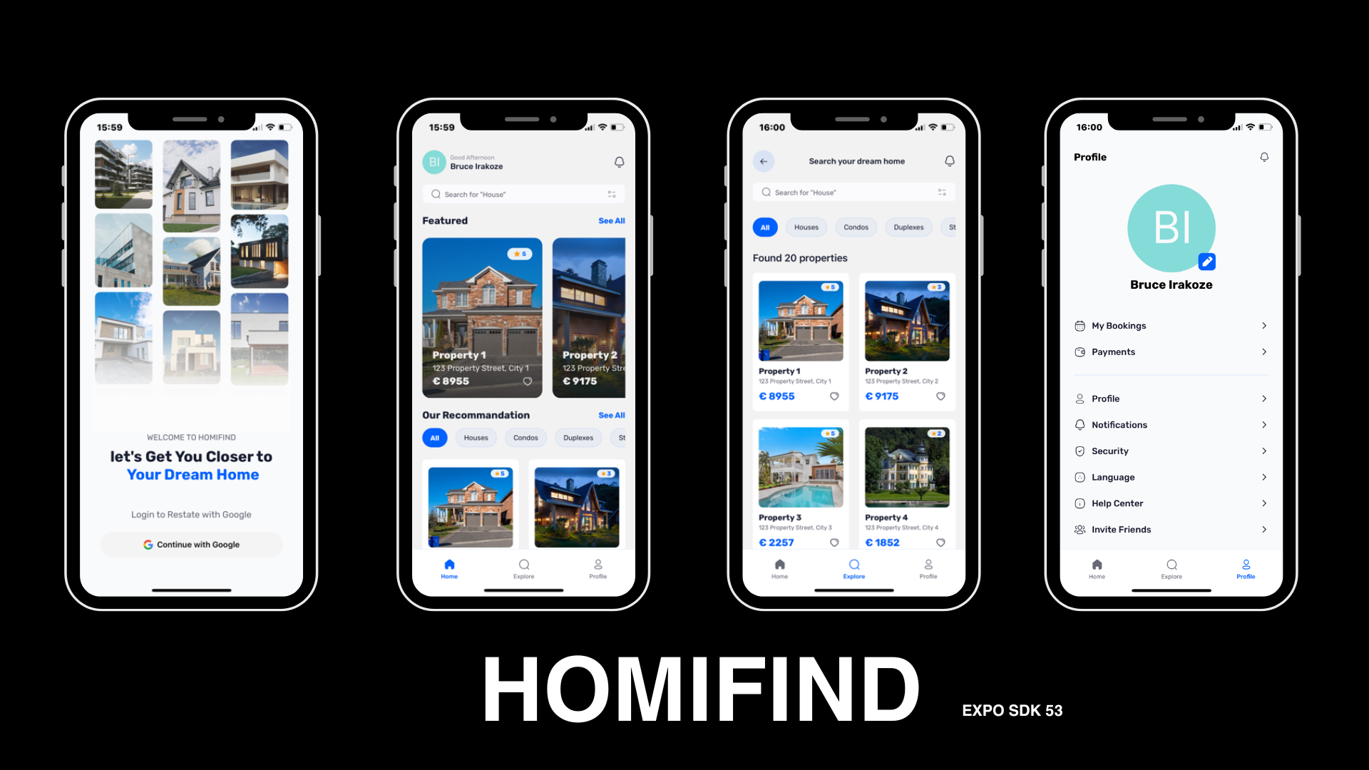 HomiFind - Expo SDK 53 Estate Application 